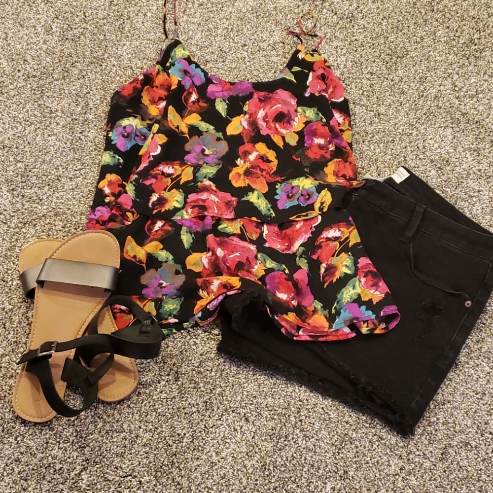 Black pink strap floral blousy top